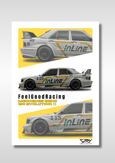 Rennwagen im Profil mit Grafiken und Schriftzug "FeelGoodRacing", gelber Hintergrund.